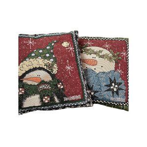 Lisa Hilliker Snowman Pillow Red Green Tapestry Mowhawk USA Pair 2 Snowman Snow